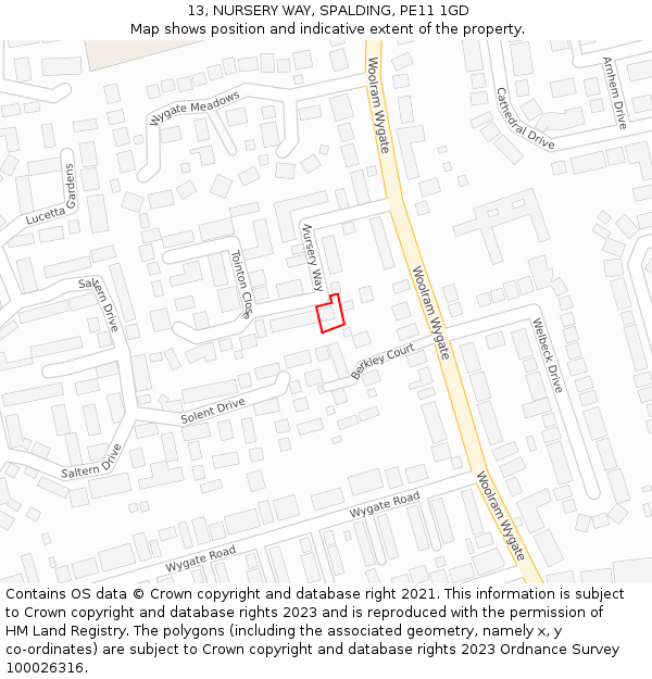 13, NURSERY WAY, SPALDING, PE11 1GD: Location map and indicative extent of plot