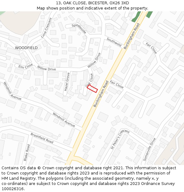 13, OAK CLOSE, BICESTER, OX26 3XD: Location map and indicative extent of plot