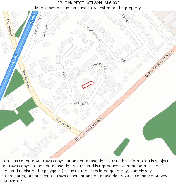 13, OAK PIECE, WELWYN, AL6 0XE: Location map and indicative extent of plot