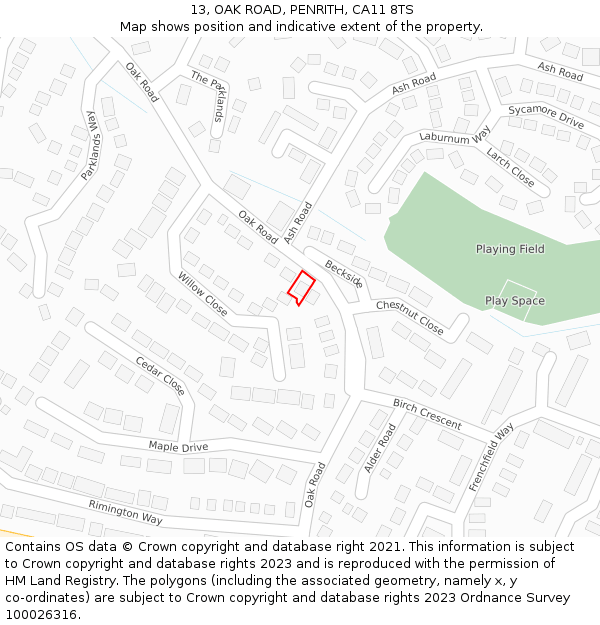 13, OAK ROAD, PENRITH, CA11 8TS: Location map and indicative extent of plot