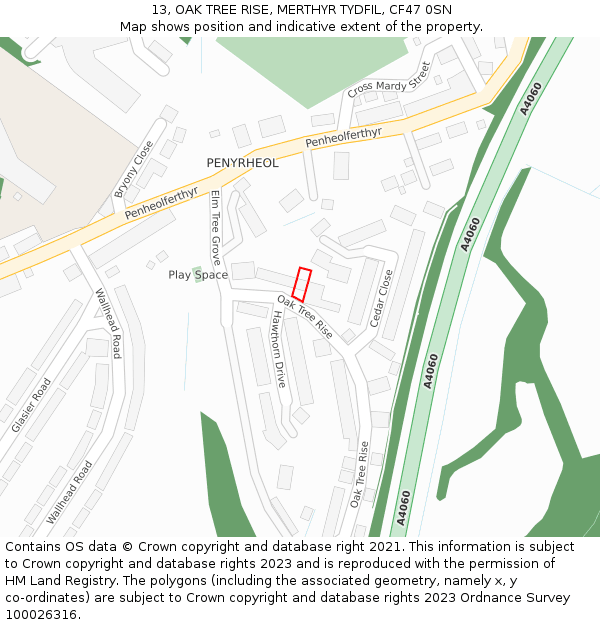 13, OAK TREE RISE, MERTHYR TYDFIL, CF47 0SN: Location map and indicative extent of plot