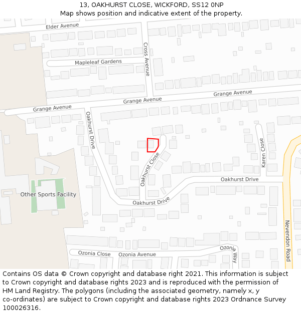 13, OAKHURST CLOSE, WICKFORD, SS12 0NP: Location map and indicative extent of plot