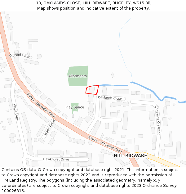 13, OAKLANDS CLOSE, HILL RIDWARE, RUGELEY, WS15 3RJ: Location map and indicative extent of plot