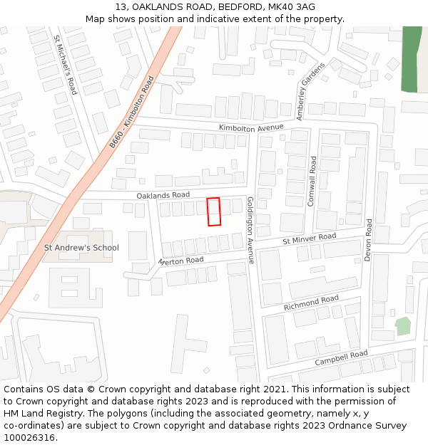 13, OAKLANDS ROAD, BEDFORD, MK40 3AG: Location map and indicative extent of plot