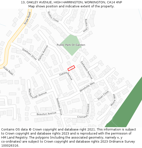 13, OAKLEY AVENUE, HIGH HARRINGTON, WORKINGTON, CA14 4NP: Location map and indicative extent of plot