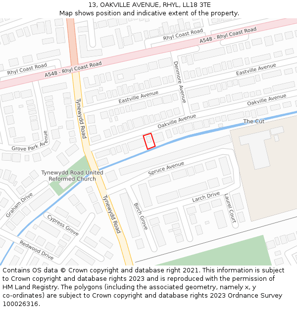 13, OAKVILLE AVENUE, RHYL, LL18 3TE: Location map and indicative extent of plot