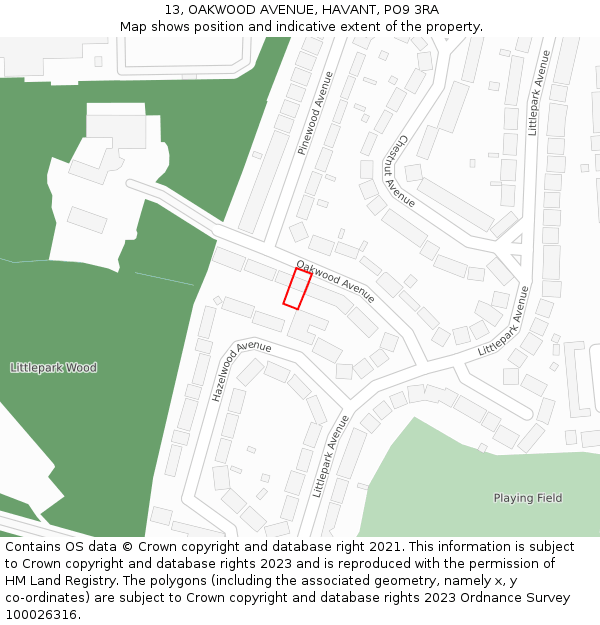 13, OAKWOOD AVENUE, HAVANT, PO9 3RA: Location map and indicative extent of plot