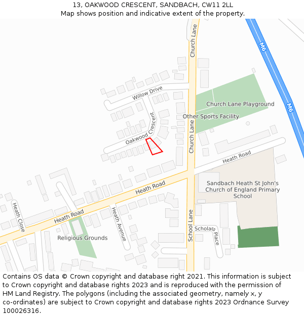 13, OAKWOOD CRESCENT, SANDBACH, CW11 2LL: Location map and indicative extent of plot