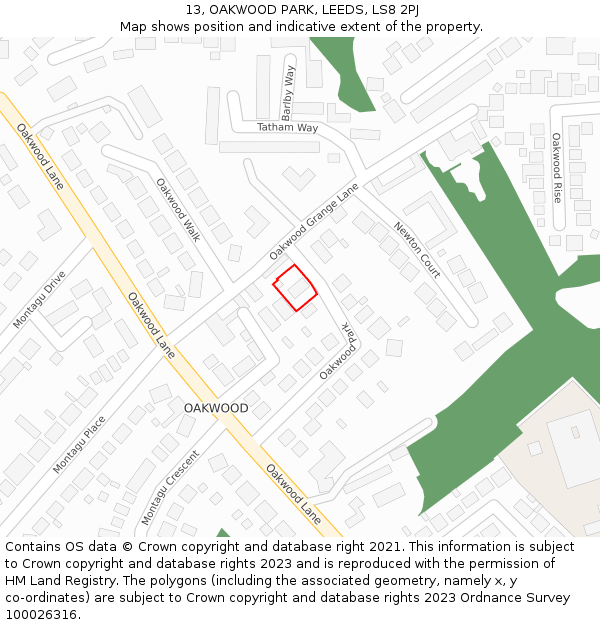 13, OAKWOOD PARK, LEEDS, LS8 2PJ: Location map and indicative extent of plot