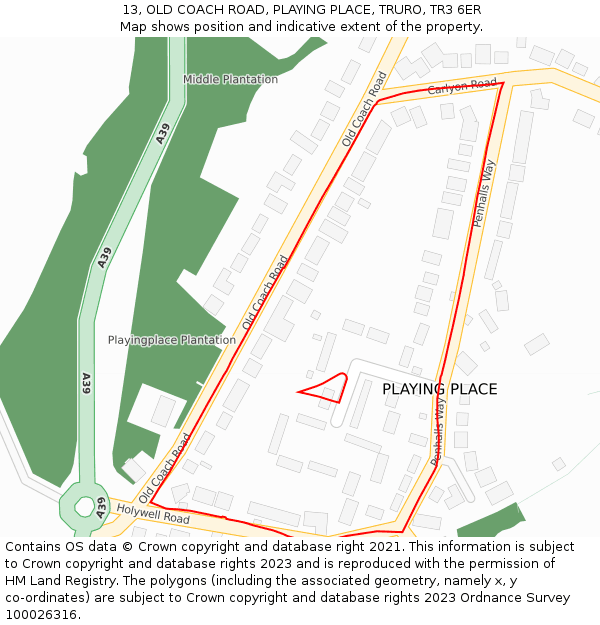 13, OLD COACH ROAD, PLAYING PLACE, TRURO, TR3 6ER: Location map and indicative extent of plot