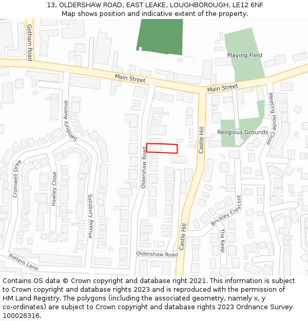 13, OLDERSHAW ROAD, EAST LEAKE, LOUGHBOROUGH, LE12 6NF: Location map and indicative extent of plot