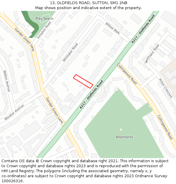 13, OLDFIELDS ROAD, SUTTON, SM1 2NB: Location map and indicative extent of plot