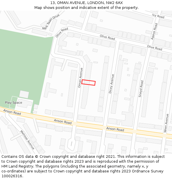 13, OMAN AVENUE, LONDON, NW2 6AX: Location map and indicative extent of plot