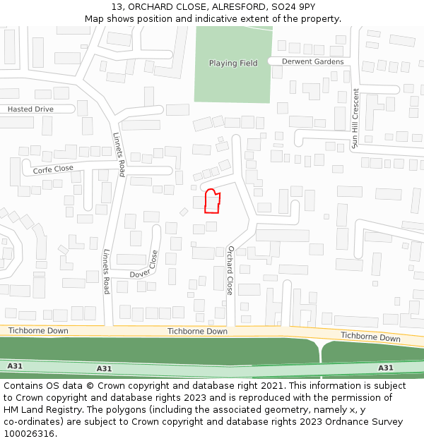 13, ORCHARD CLOSE, ALRESFORD, SO24 9PY: Location map and indicative extent of plot