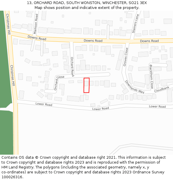 13, ORCHARD ROAD, SOUTH WONSTON, WINCHESTER, SO21 3EX: Location map and indicative extent of plot