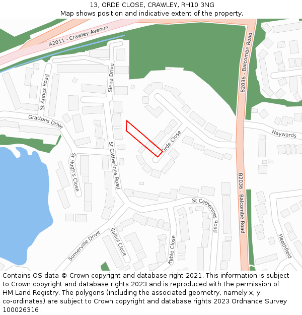 13, ORDE CLOSE, CRAWLEY, RH10 3NG: Location map and indicative extent of plot