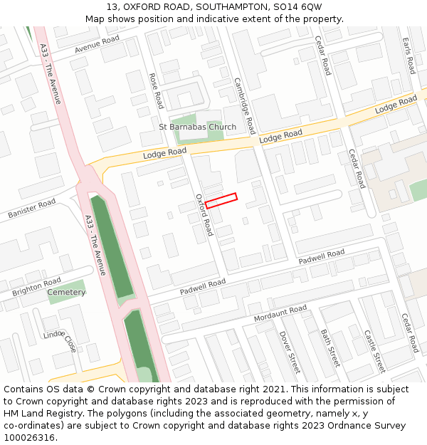 13, OXFORD ROAD, SOUTHAMPTON, SO14 6QW: Location map and indicative extent of plot