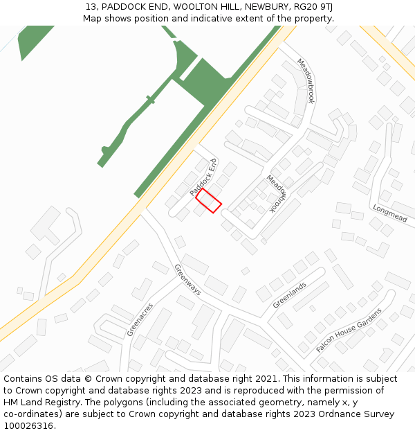 13, PADDOCK END, WOOLTON HILL, NEWBURY, RG20 9TJ: Location map and indicative extent of plot