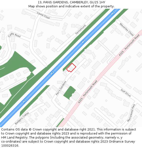 13, PANS GARDENS, CAMBERLEY, GU15 1HY: Location map and indicative extent of plot