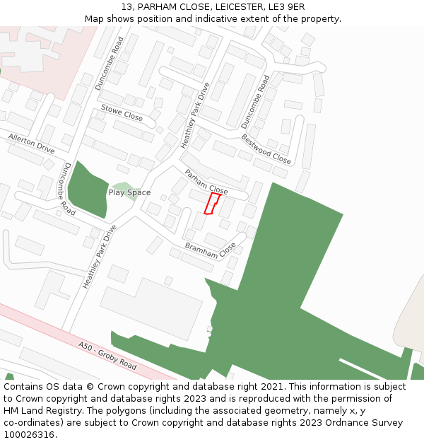 13, PARHAM CLOSE, LEICESTER, LE3 9ER: Location map and indicative extent of plot