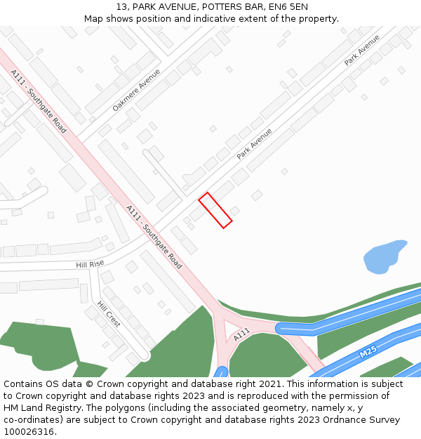 13, PARK AVENUE, POTTERS BAR, EN6 5EN: Location map and indicative extent of plot