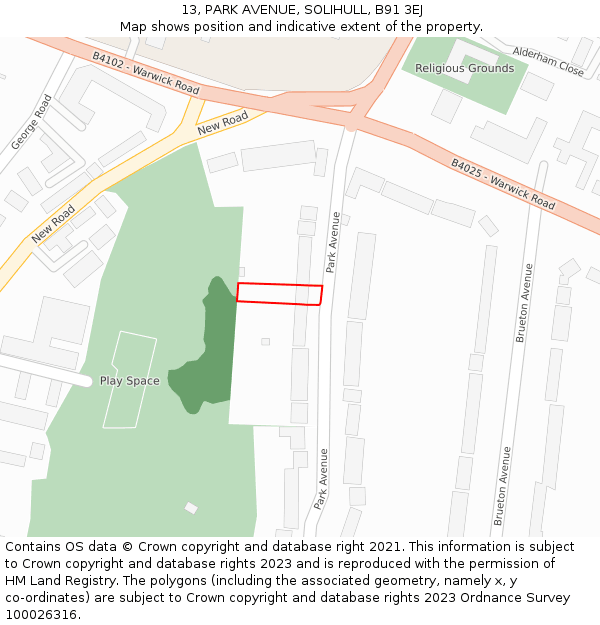 13, PARK AVENUE, SOLIHULL, B91 3EJ: Location map and indicative extent of plot