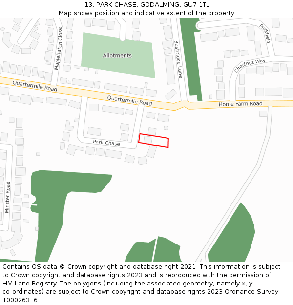 13, PARK CHASE, GODALMING, GU7 1TL: Location map and indicative extent of plot