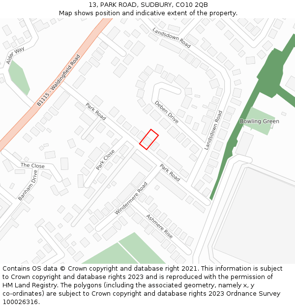 13, PARK ROAD, SUDBURY, CO10 2QB: Location map and indicative extent of plot