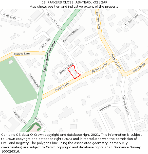 13, PARKERS CLOSE, ASHTEAD, KT21 2AP: Location map and indicative extent of plot