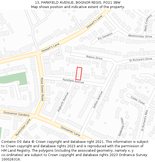 13, PARKFIELD AVENUE, BOGNOR REGIS, PO21 3BW: Location map and indicative extent of plot