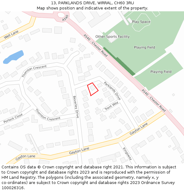 13, PARKLANDS DRIVE, WIRRAL, CH60 3RU: Location map and indicative extent of plot