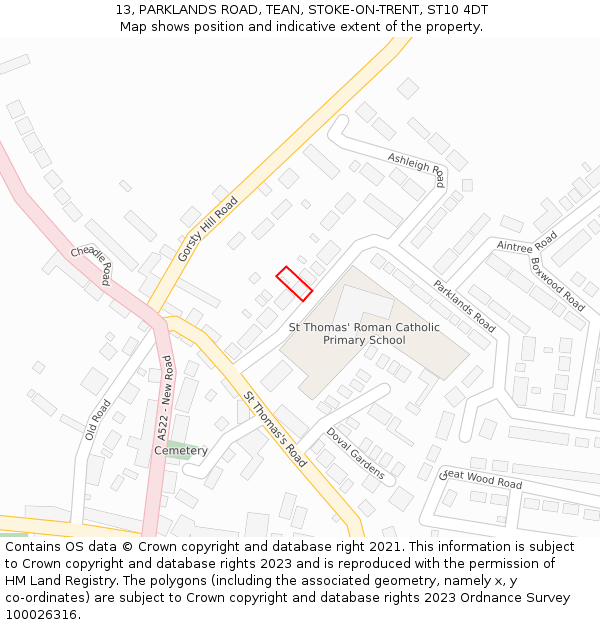 13, PARKLANDS ROAD, TEAN, STOKE-ON-TRENT, ST10 4DT: Location map and indicative extent of plot