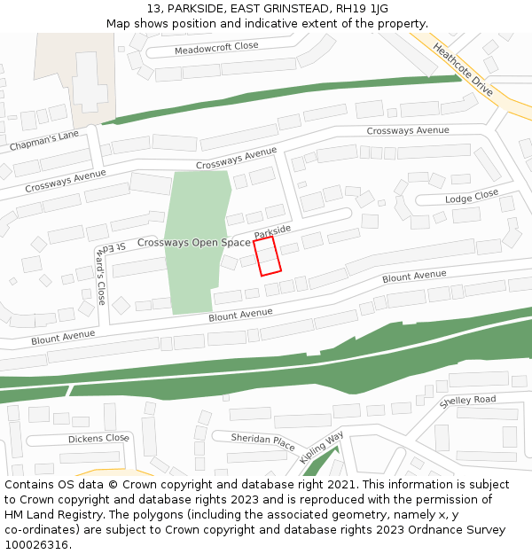 13, PARKSIDE, EAST GRINSTEAD, RH19 1JG: Location map and indicative extent of plot