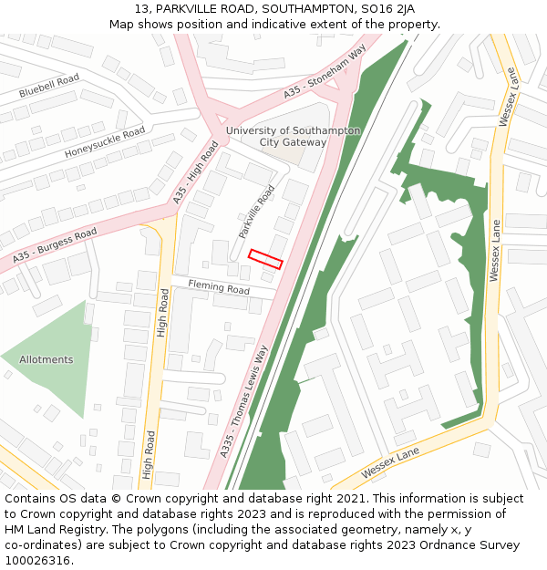 13, PARKVILLE ROAD, SOUTHAMPTON, SO16 2JA: Location map and indicative extent of plot