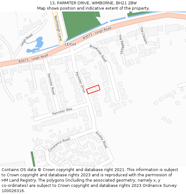 13, PARMITER DRIVE, WIMBORNE, BH21 2BW: Location map and indicative extent of plot