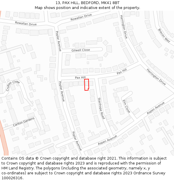 13, PAX HILL, BEDFORD, MK41 8BT: Location map and indicative extent of plot