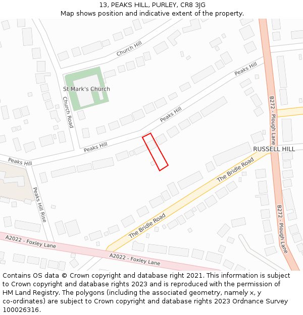 13, PEAKS HILL, PURLEY, CR8 3JG: Location map and indicative extent of plot