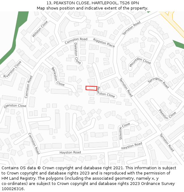 13, PEAKSTON CLOSE, HARTLEPOOL, TS26 0PN: Location map and indicative extent of plot