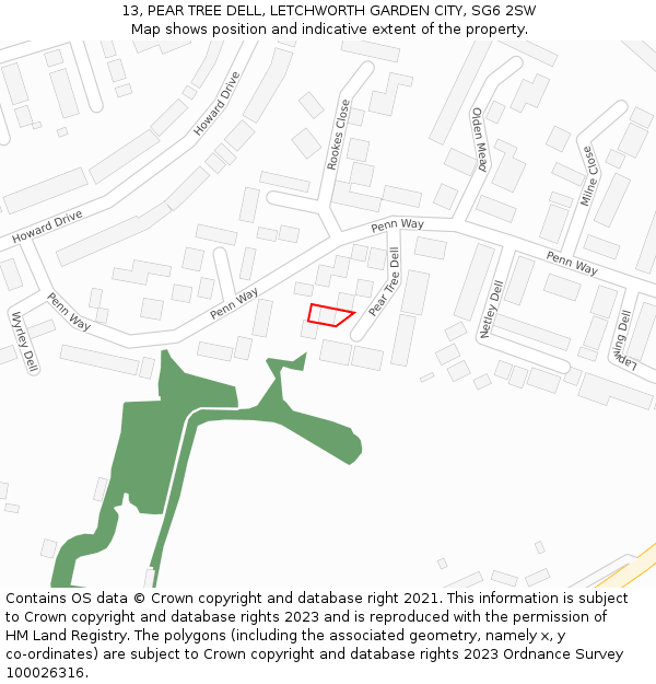 13, PEAR TREE DELL, LETCHWORTH GARDEN CITY, SG6 2SW: Location map and indicative extent of plot