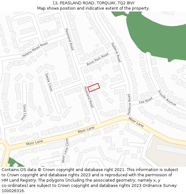 13, PEASLAND ROAD, TORQUAY, TQ2 8NY: Location map and indicative extent of plot