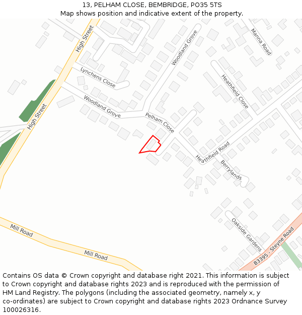 13, PELHAM CLOSE, BEMBRIDGE, PO35 5TS: Location map and indicative extent of plot