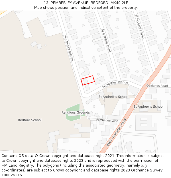 13, PEMBERLEY AVENUE, BEDFORD, MK40 2LE: Location map and indicative extent of plot