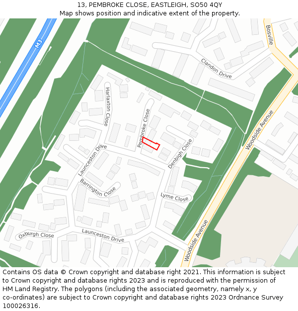 13, PEMBROKE CLOSE, EASTLEIGH, SO50 4QY: Location map and indicative extent of plot