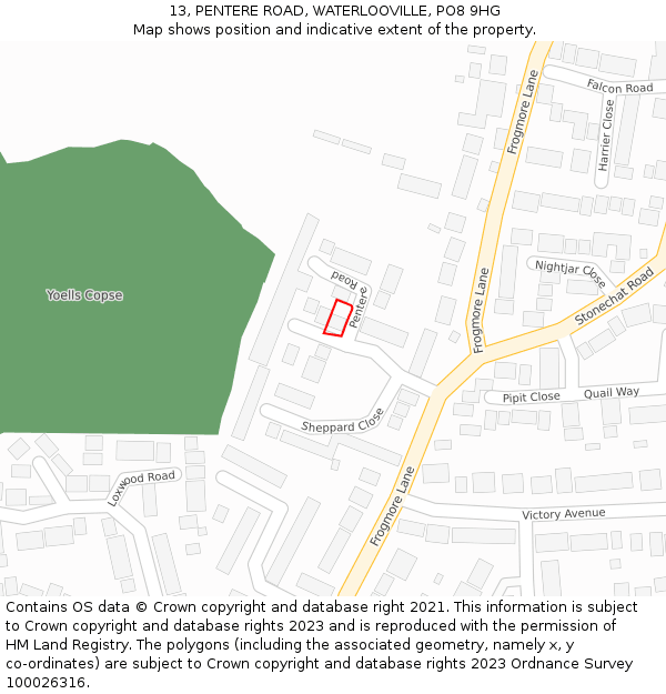 13, PENTERE ROAD, WATERLOOVILLE, PO8 9HG: Location map and indicative extent of plot