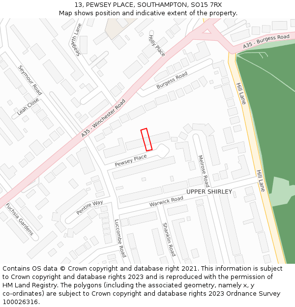 13, PEWSEY PLACE, SOUTHAMPTON, SO15 7RX: Location map and indicative extent of plot