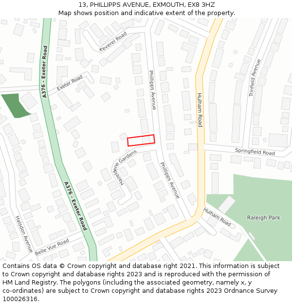 13, PHILLIPPS AVENUE, EXMOUTH, EX8 3HZ: Location map and indicative extent of plot