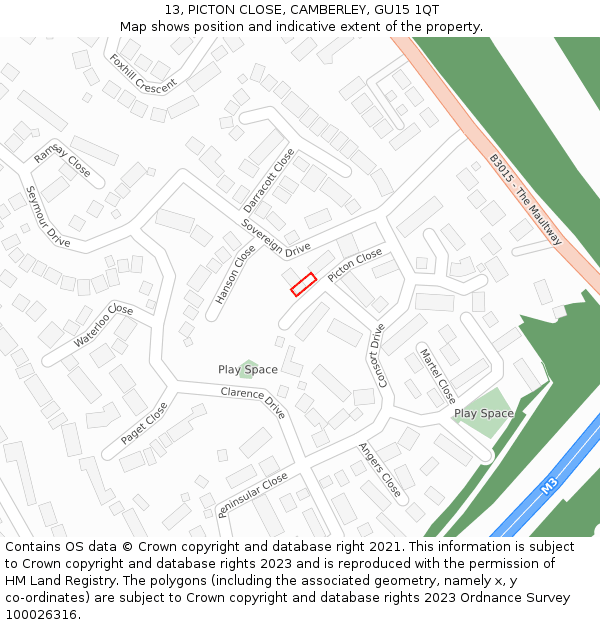 13, PICTON CLOSE, CAMBERLEY, GU15 1QT: Location map and indicative extent of plot