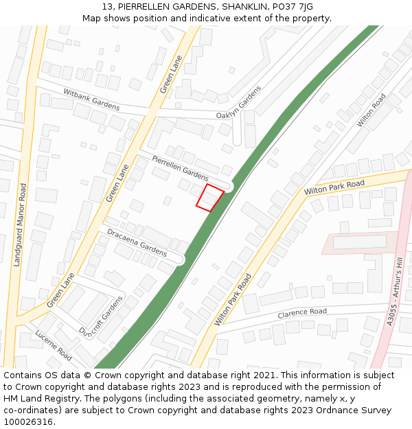 13, PIERRELLEN GARDENS, SHANKLIN, PO37 7JG: Location map and indicative extent of plot