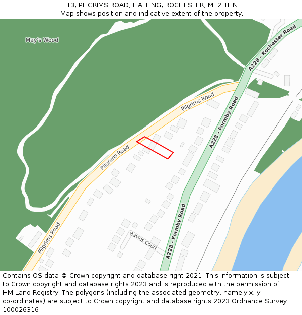 13, PILGRIMS ROAD, HALLING, ROCHESTER, ME2 1HN: Location map and indicative extent of plot