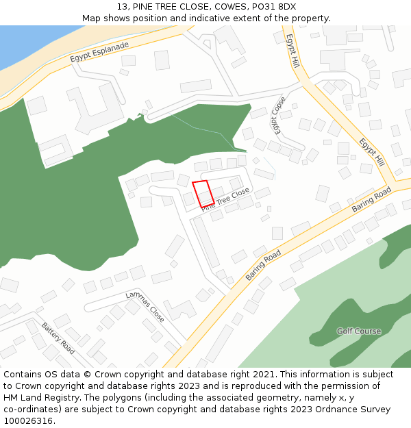 13, PINE TREE CLOSE, COWES, PO31 8DX: Location map and indicative extent of plot